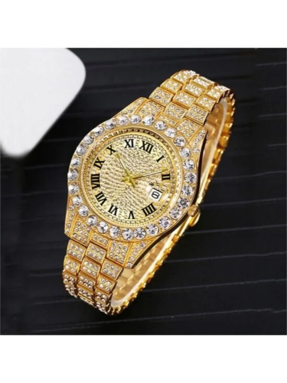 Men's Gold Iced Out Hip Hop Watch Luxury Quartz Skeleton Dial Date Window